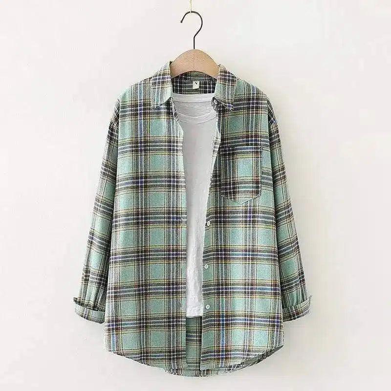 Plaid Long Sleeve Casual Shirt-Light green grid-3