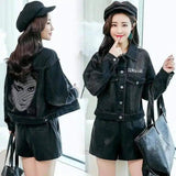 Women's Denim Jacket with Graphic Back-Black-1