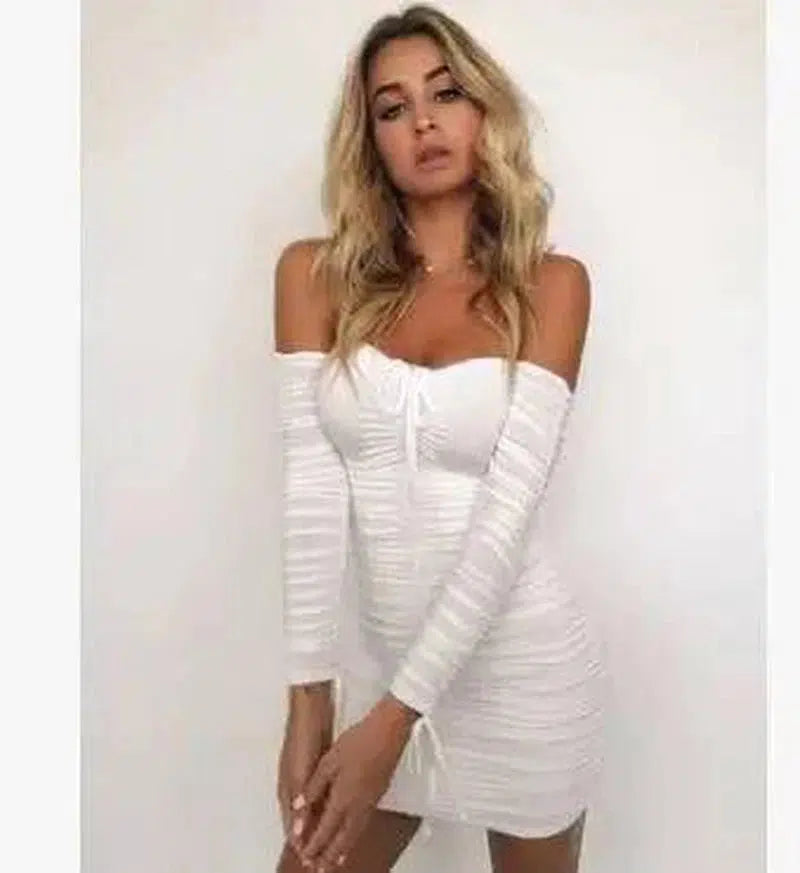 Bandage Dress Women Off Shoulder Long Sleeve Slim-White-21