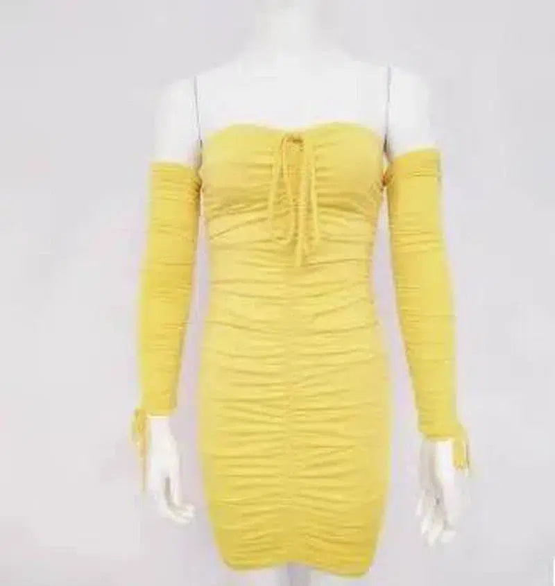 Bandage Dress Women Off Shoulder Long Sleeve Slim-Yellow-23