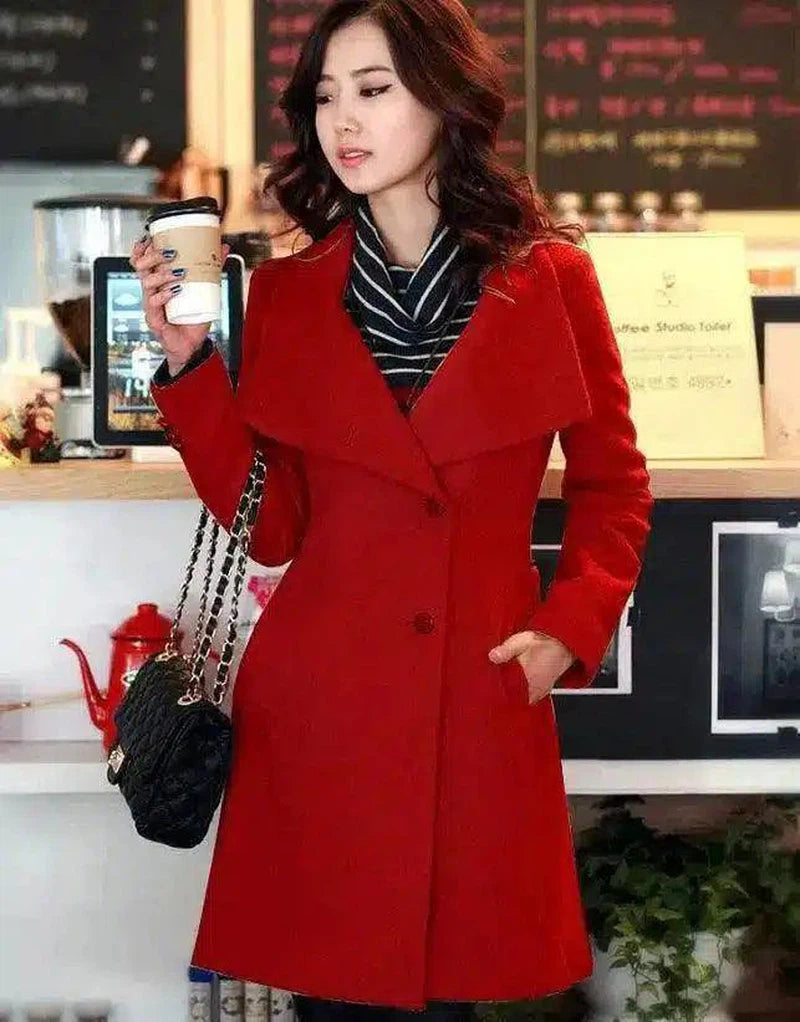 Stylish Women's Tailored Coat with Belt-Red-2