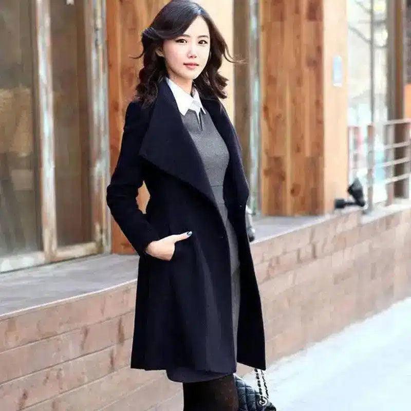 Stylish Women's Tailored Coat with Belt-Navy-4