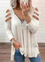 Women's Casual Cut-Out Sleeve Top with Zipper-White-4