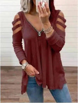 Women's Casual Cut-Out Sleeve Top with Zipper-Wine Red-6