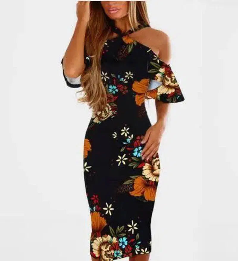 Bodycon Dress Halter Off Shoulder Robe Elegant Summer-Black-24