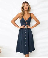 Buttoned Bow Back Strap Dress-Navy-26