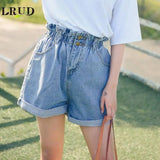 Calyx elastic waist denim shorts female summer high waist-Wathet-23