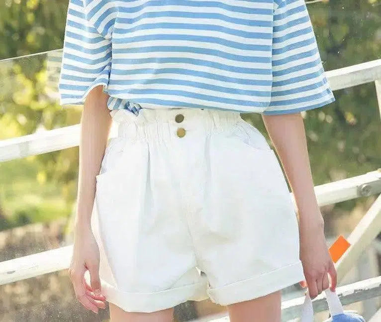 Calyx elastic waist denim shorts female summer high waist-white-36