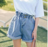 Calyx elastic waist denim shorts female summer high waist-Wathet-41