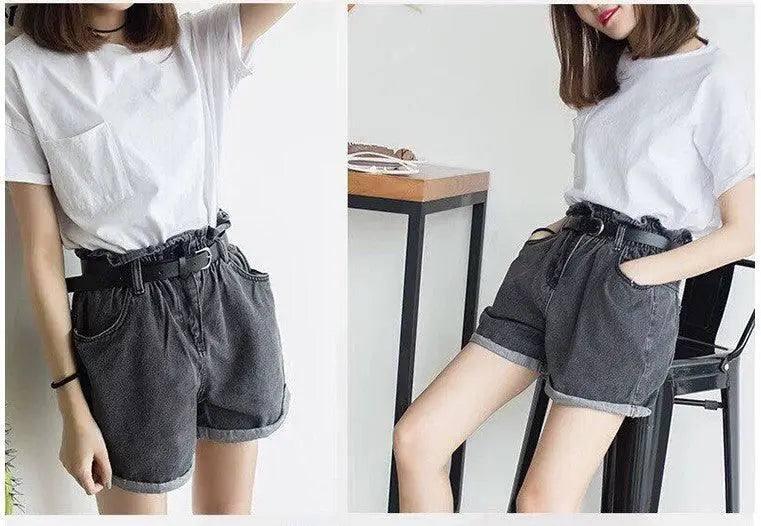 Calyx elastic waist denim shorts female summer high waist-gray-49