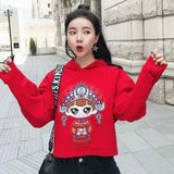 Women's Cropped Sweatshirt with Graphic Print-Red-2