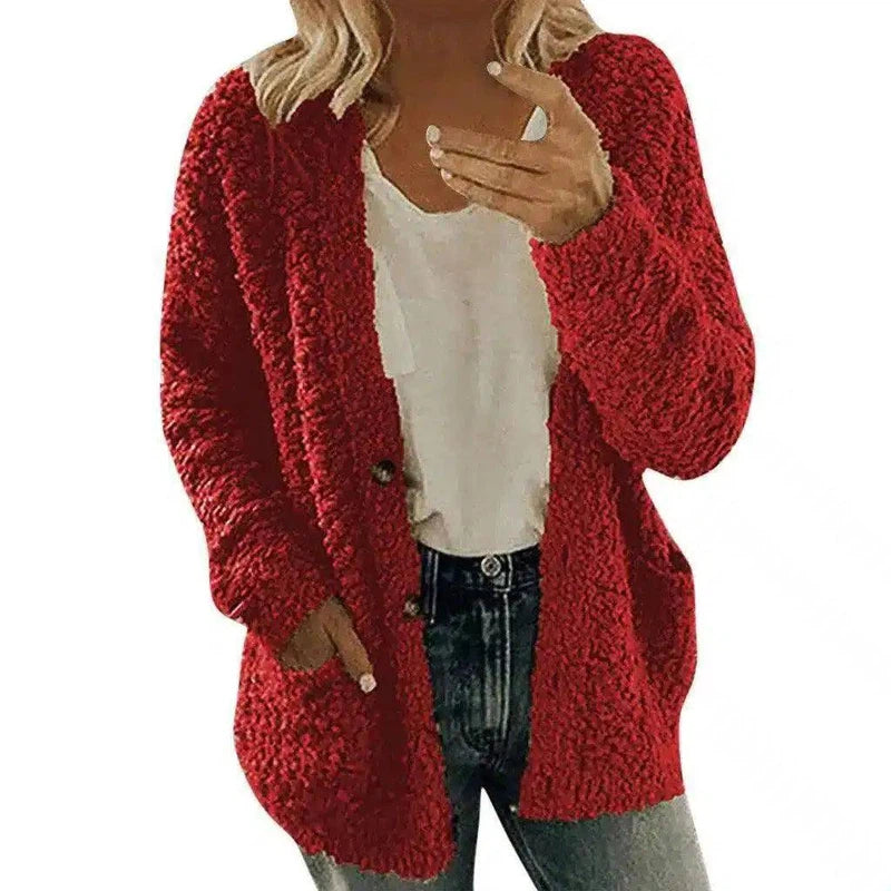 Women's Fuzzy Knit Cardigan with Pockets-Red-6