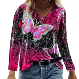 Women's Butterfly Print V-Neck Long Sleeve Top-Pink-6