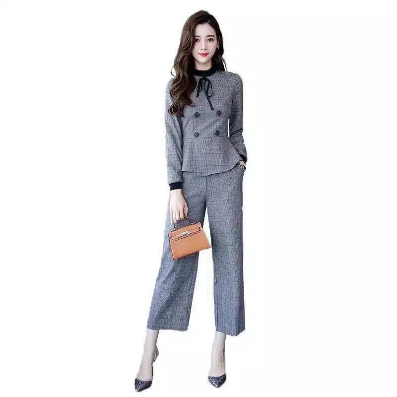 Womens Professional Peplum Suit Set-Gray-2