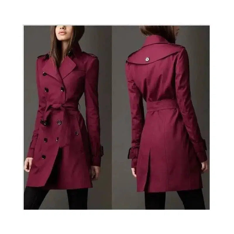 Stylish Double Breasted Trenchcoat for All Seasons-Wine red-3