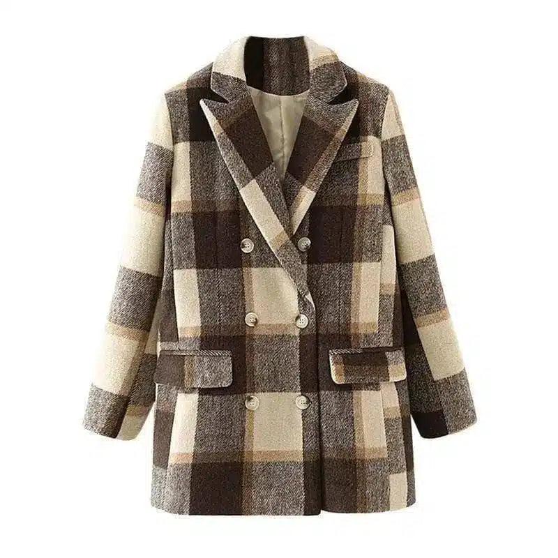 Double-breasted woolen plaid blazer-Brown-1