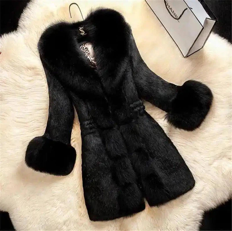 Elegant Imitation Fur Coat with Fox Collar-Black-2