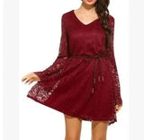 Elegant lace dress summer V-neck large size dress-Claret-35