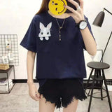 Casual Rabbit Print Pocket T-Shirt-Navy Blue-2