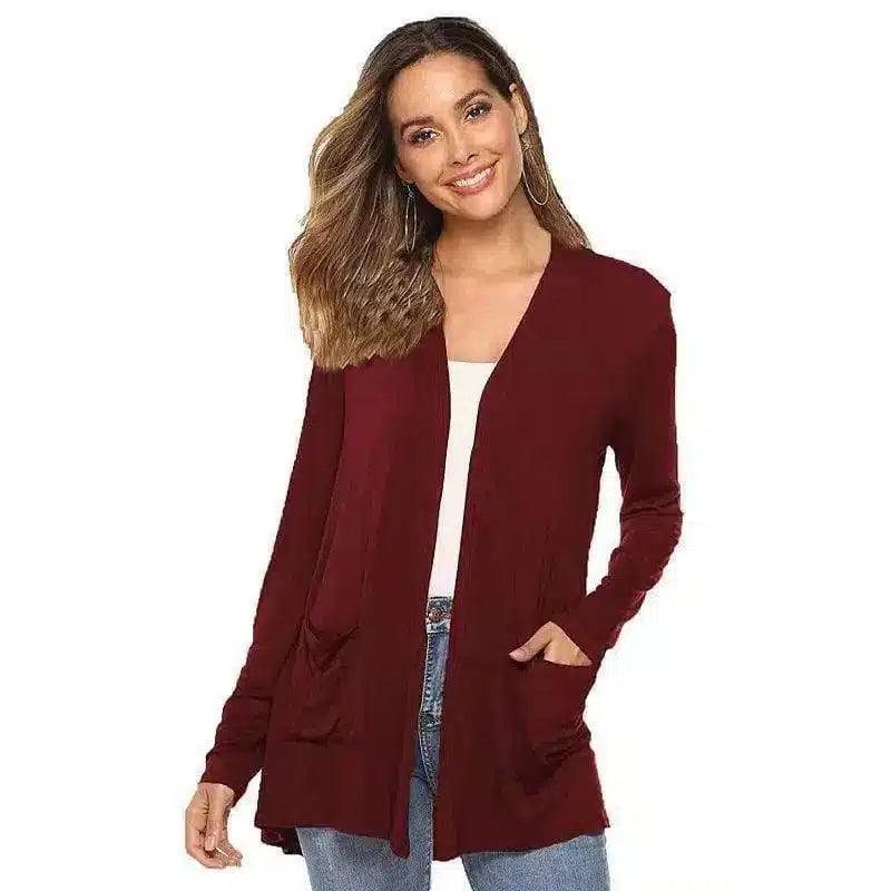 Women's Casual Open Front Cardigan-Burgundy-8