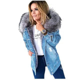 European And American Retro Big Fur Collar Denim Jacket-Light Blue-1