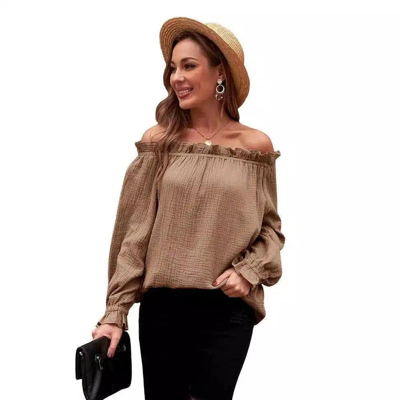 Off-Shoulder Women's Casual Blouse-Brown-4