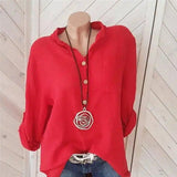 Women's Casual Button-Down Linen Shirt-Red-2