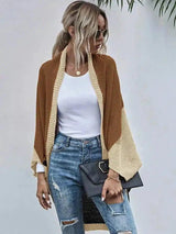 Fashion Color-block Knitted Cardigan Sweater Coat-Apricot-1