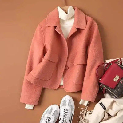 Fashion Pure Color Woolen Coat Women Short-Red-5