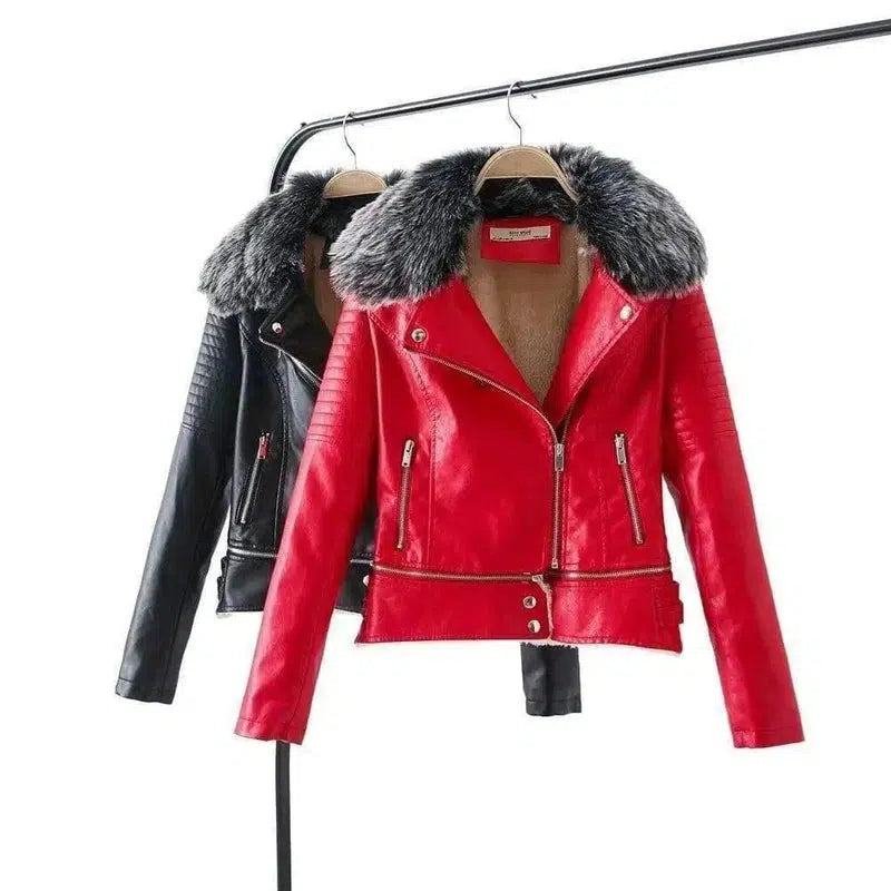 LOVEMI - Lovemi - Fur Collar Leather Jacket