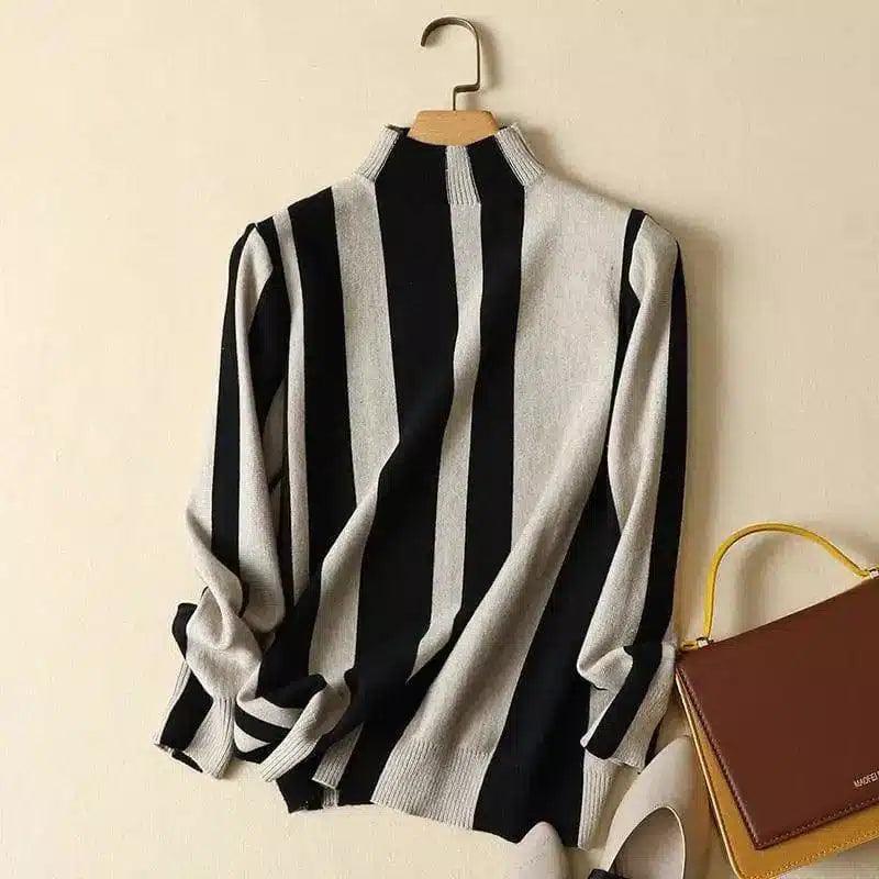 Striped Turtleneck Sweater Long Sleeve Comfort Fit-Apricot-2