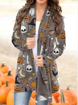 Halloween Digital Printing Casual Cardigan Jacket Women-Skeleton on Gray-2