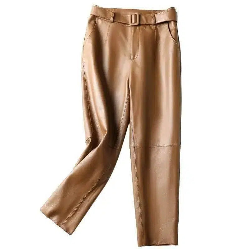 High-waisted leather pants-Khaki-3