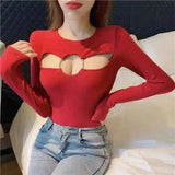 Cut-Out Long Sleeve Women's Fashion Top-Red-4