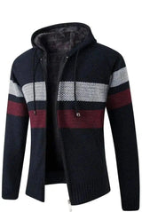 Hooded Color-Block Knitted Jacket-navy blue-3