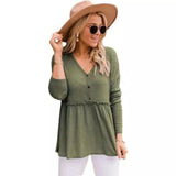 Womens V-Neck Buttoned Tunic Top-ArmyGreen-5