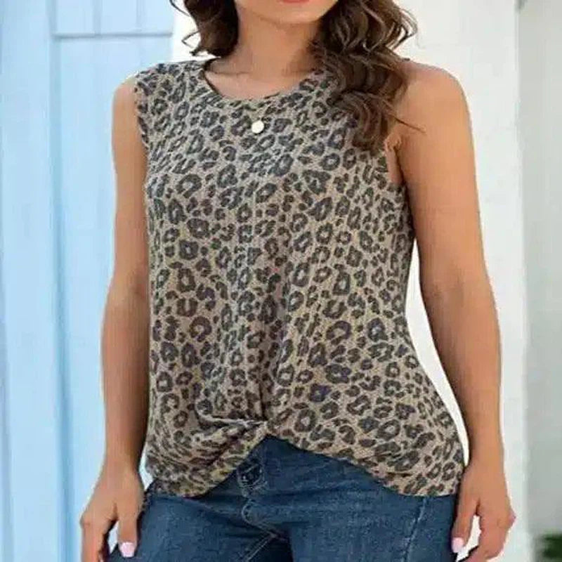 Sleeveless Knit Top for Women-Leopard Khaki-4