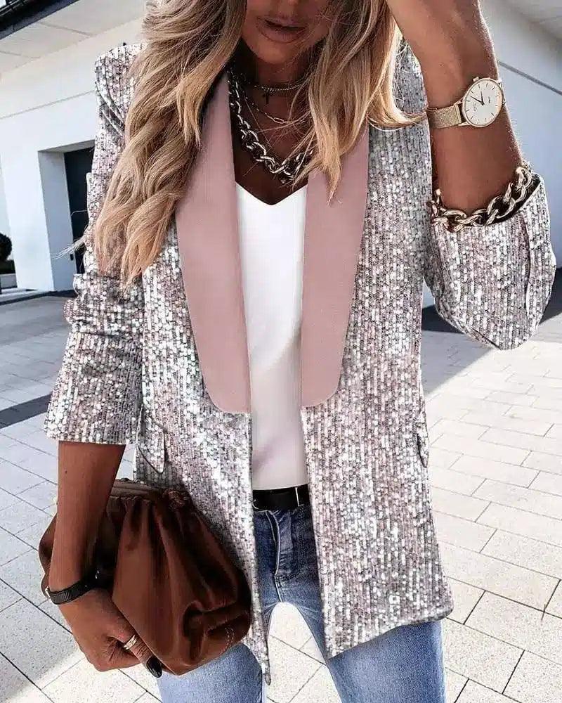 Women's Sequin & Plaid Blazers - Fashion Jackets-Pink-5