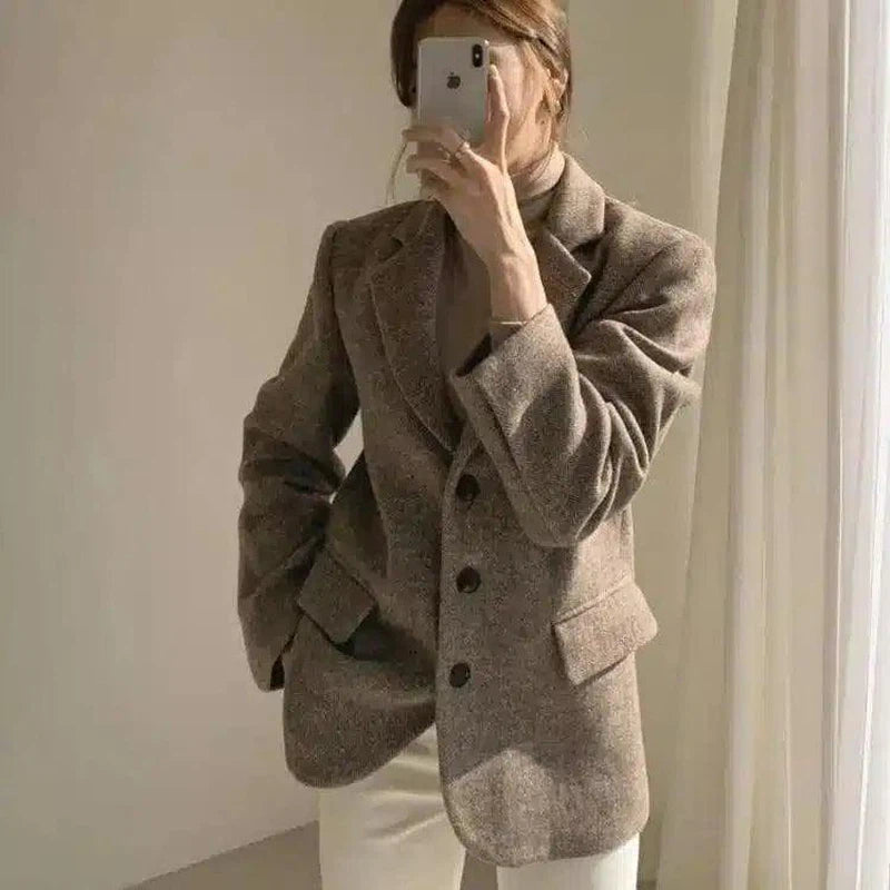 Ladies Fashion Temperament Retro Herringbone Blazer-Khaki-1