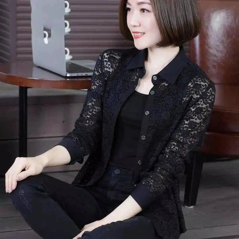 Ladies Lace Cardigan Top-Black-2