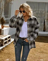 Women's Plaid Button-Up Casual Jacket-Black-4