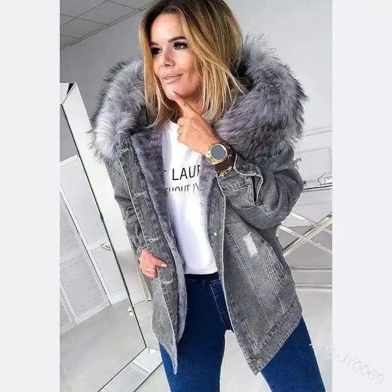 LOVEMI - Lovemi - Large Fur Collar Denim Jacket Warm Mid-Length Coat