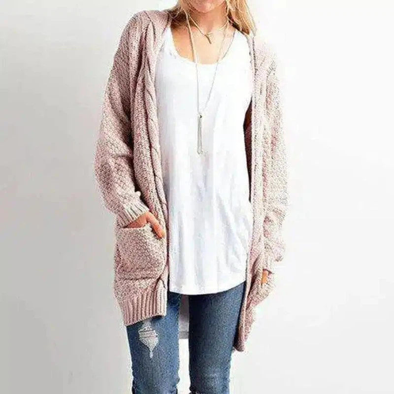 Women's Long Knit Cardigan with Pockets-Pink-2