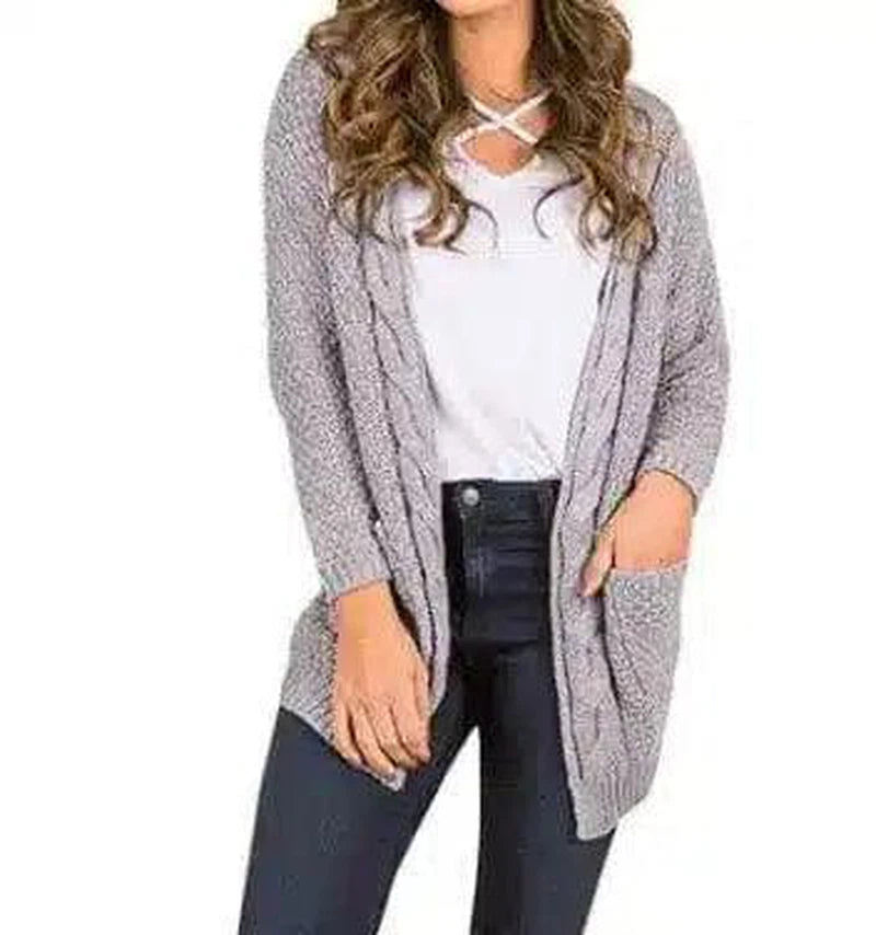 Women's Long Knit Cardigan with Pockets-Grey-7