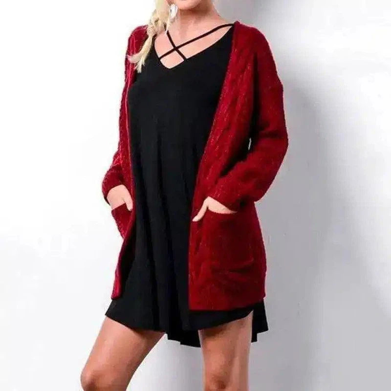 Women's Long Knit Cardigan with Pockets-Wine red-8