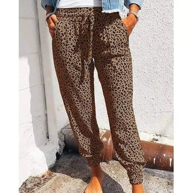 Loose Leopard Print Lace-Up Slacks-Green-2