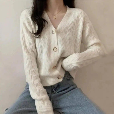 Women's Cable Knit Cardigan Sweater-White-2