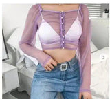 Women's Sheer Button-Up Crop Top with Long Sleeves-Purple-1