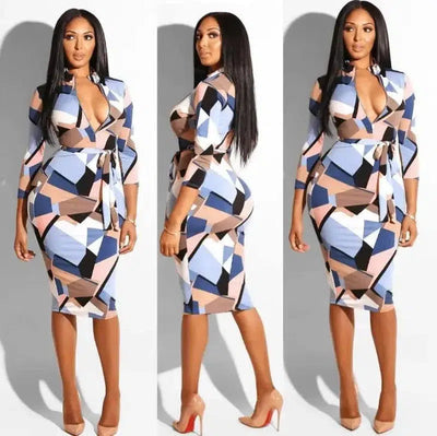 Multicolor Zipper Neck Party Bodycon Dress Stretchy High-7