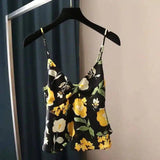 Floral V-Neck Cami Top for Women-Black-1